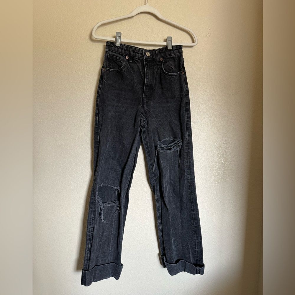 ZARA Cuffed Hem Folded Over High Rise Wide Leg Jeans Sz 4 Black Distressed